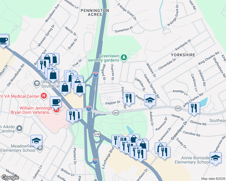 map of restaurants, bars, coffee shops, grocery stores, and more near 33 Braiden Manor Road in Columbia