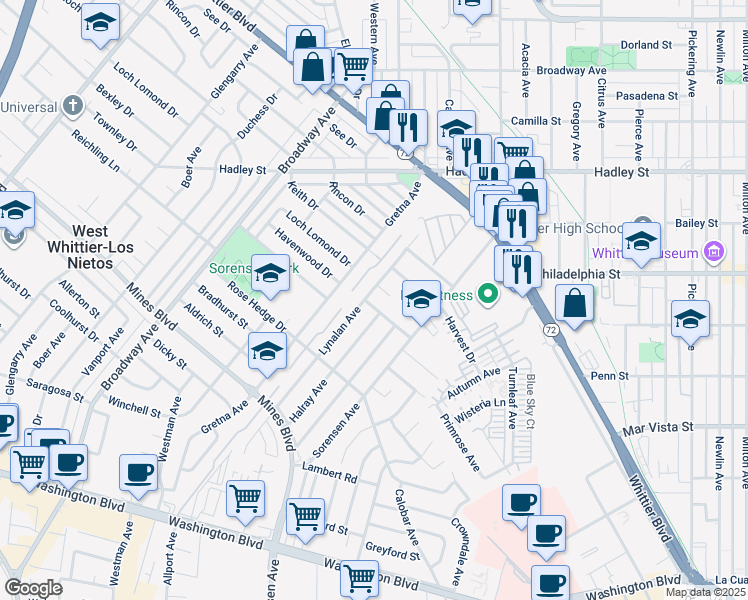 map of restaurants, bars, coffee shops, grocery stores, and more near 11709 Havenwood Drive in Whittier