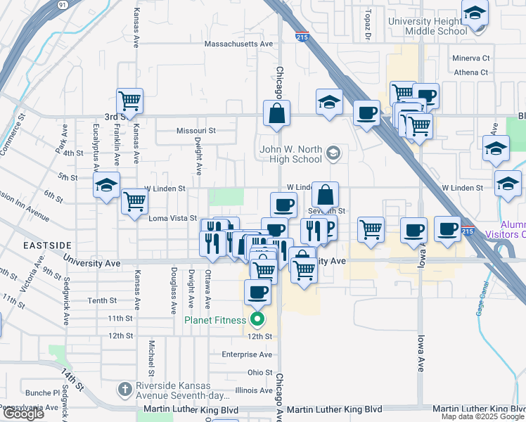 map of restaurants, bars, coffee shops, grocery stores, and more near 3576 Lou Ella Lane in Riverside