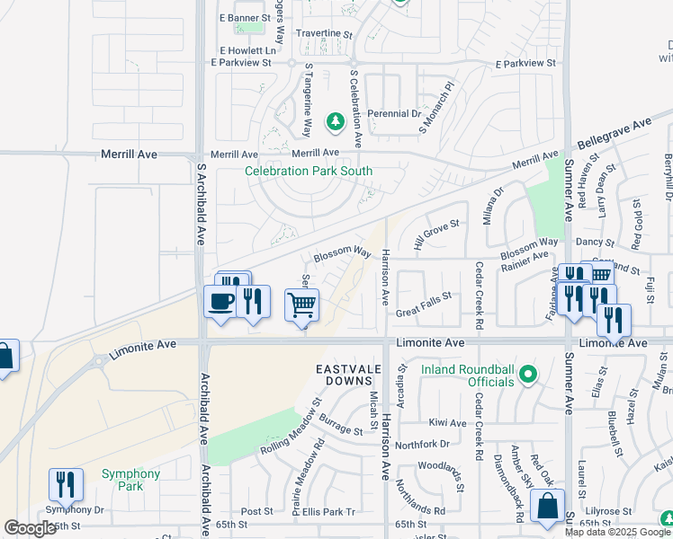 map of restaurants, bars, coffee shops, grocery stores, and more near 5933 Oatfield Avenue in Eastvale