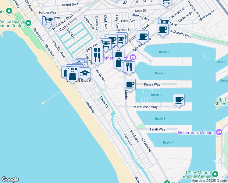 map of restaurants, bars, coffee shops, grocery stores, and more near 4233 Vía Marina in Marina del Rey