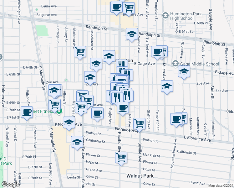 map of restaurants, bars, coffee shops, grocery stores, and more near 6725 Pacific Boulevard in Huntington Park