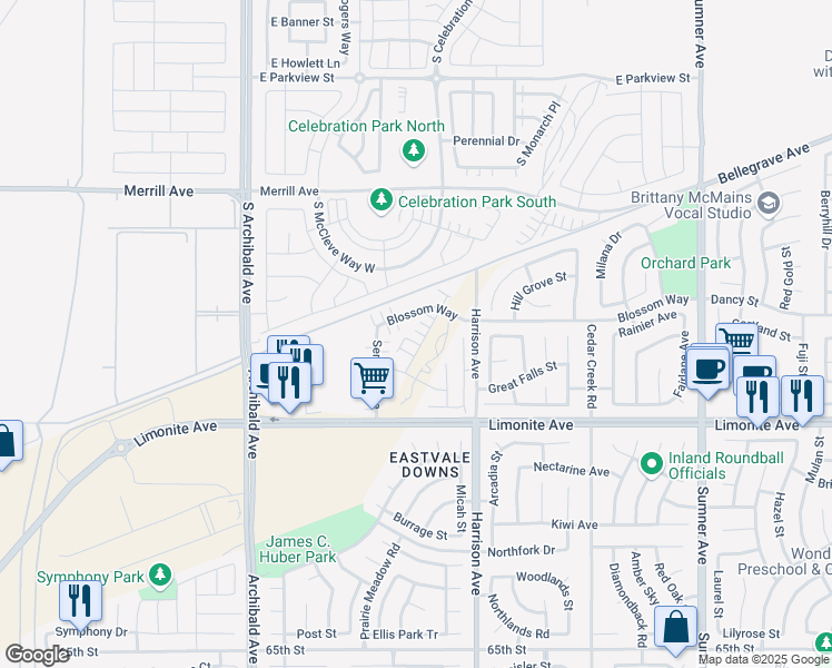map of restaurants, bars, coffee shops, grocery stores, and more near 5933 Oatfield Avenue in Eastvale