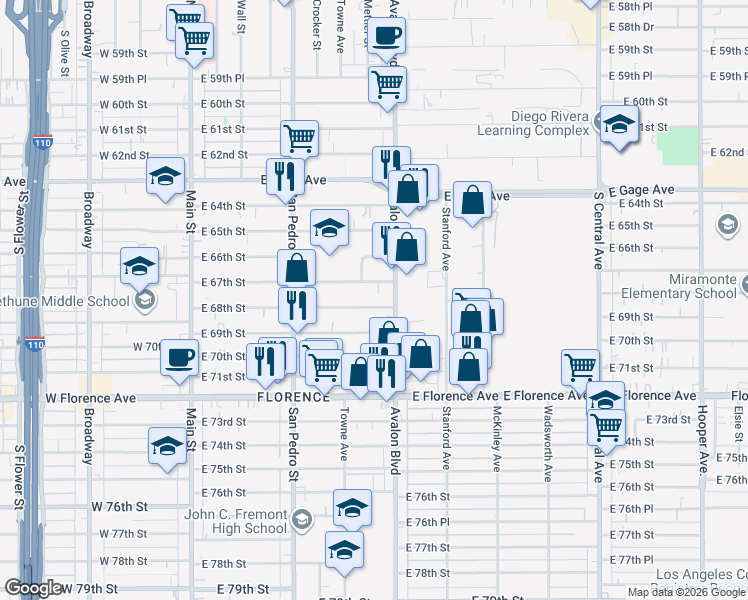 map of restaurants, bars, coffee shops, grocery stores, and more near 505 East 68th Street in Los Angeles
