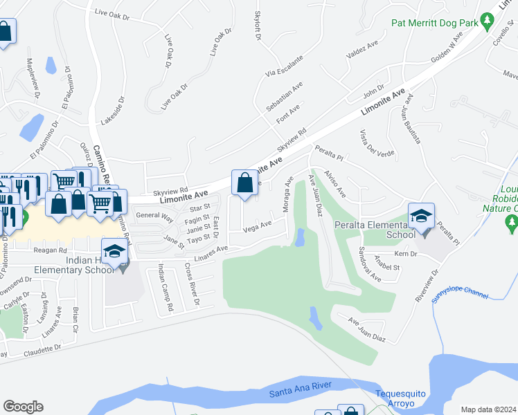 map of restaurants, bars, coffee shops, grocery stores, and more near 6066 Alvarado Circle in Riverside