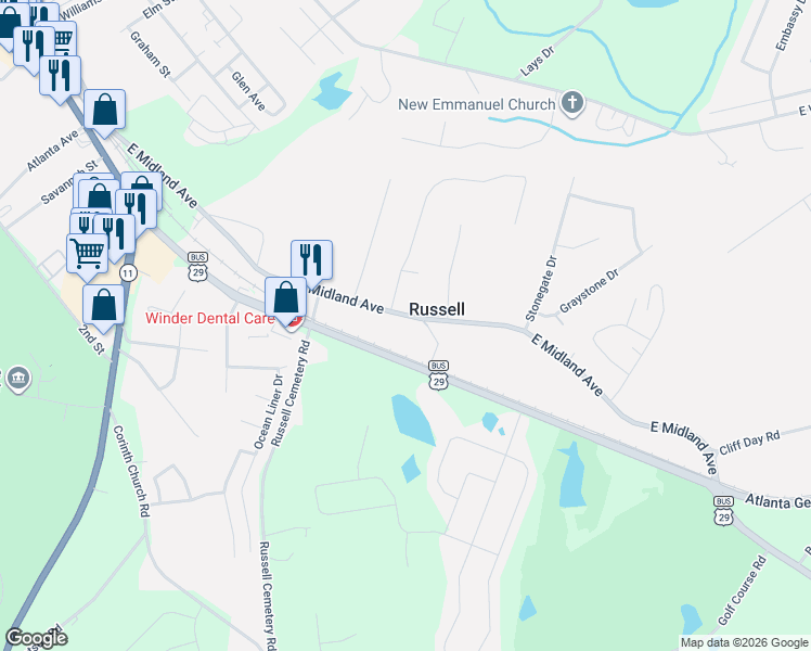 map of restaurants, bars, coffee shops, grocery stores, and more near 367 East Midland Avenue in Winder