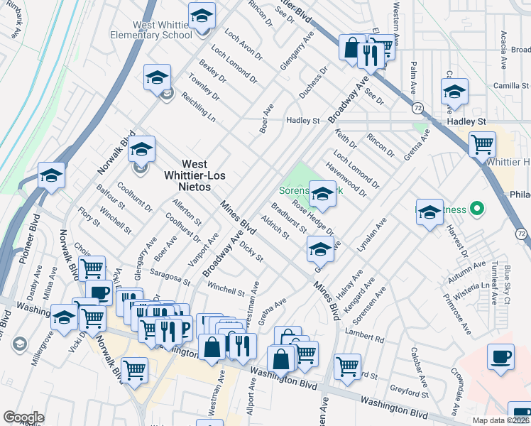 map of restaurants, bars, coffee shops, grocery stores, and more near 11415 Aldrich Street in Whittier