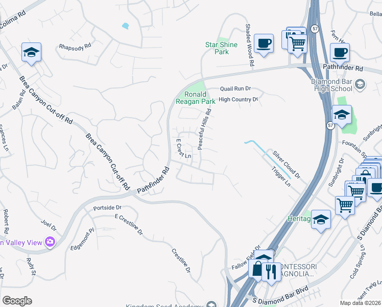 map of restaurants, bars, coffee shops, grocery stores, and more near 2609 South Quarry Lane in Walnut