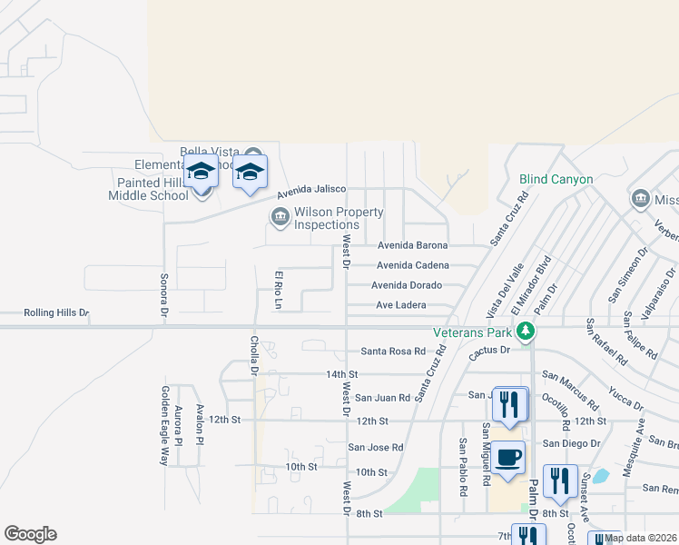 map of restaurants, bars, coffee shops, grocery stores, and more near 9708 Del Ray Lane in Desert Hot Springs