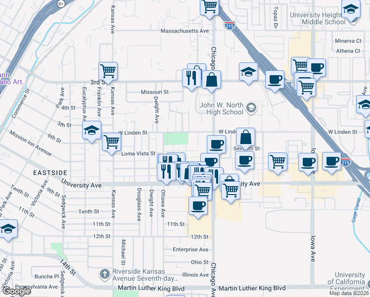 map of restaurants, bars, coffee shops, grocery stores, and more near 1817 Loma Vista Street in Riverside