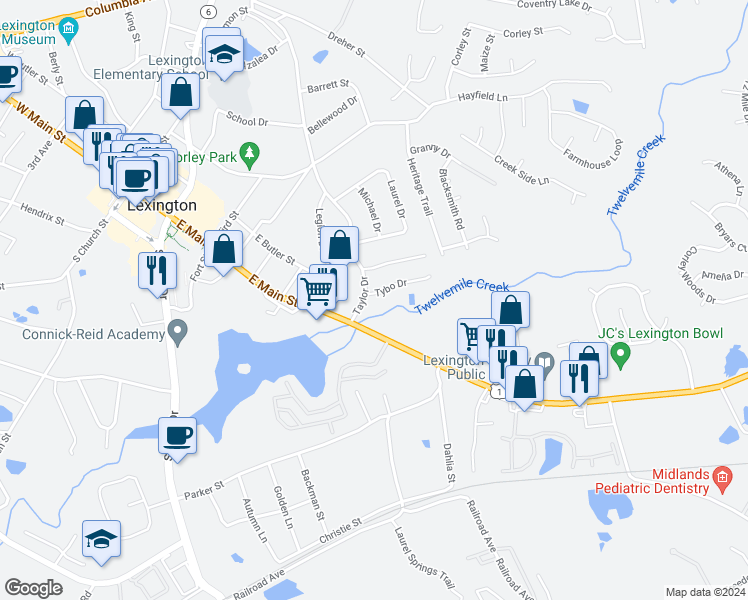 map of restaurants, bars, coffee shops, grocery stores, and more near 110 Tybo Drive in Lexington