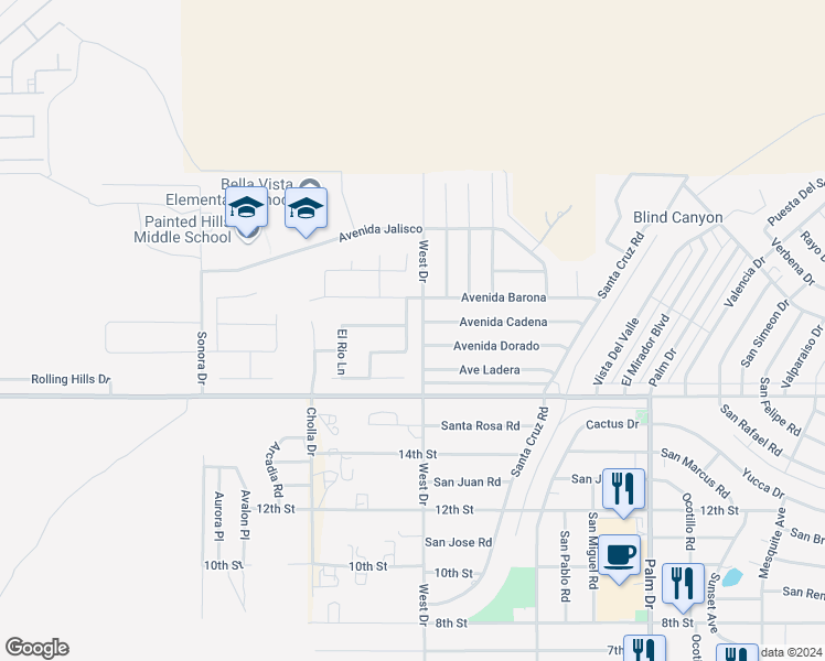 map of restaurants, bars, coffee shops, grocery stores, and more near 9708 Del Ray Lane in Desert Hot Springs