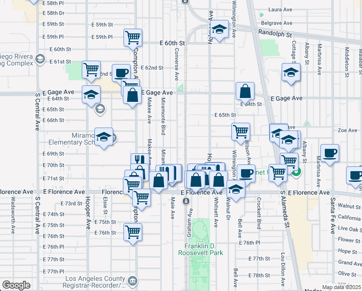 map of restaurants, bars, coffee shops, grocery stores, and more near 1659 East 68th Street in Los Angeles