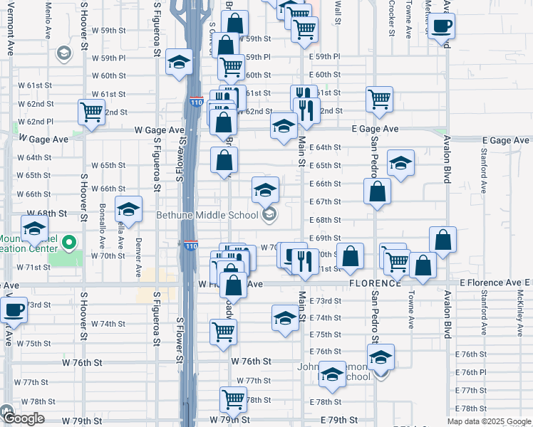 map of restaurants, bars, coffee shops, grocery stores, and more near 155 West 69th Street in Los Angeles