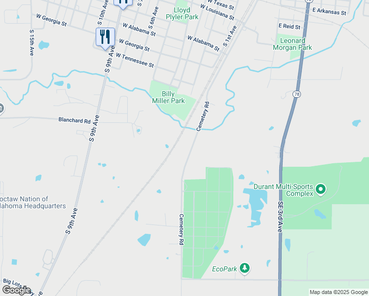 map of restaurants, bars, coffee shops, grocery stores, and more near 1425 Cemetery Road in Durant