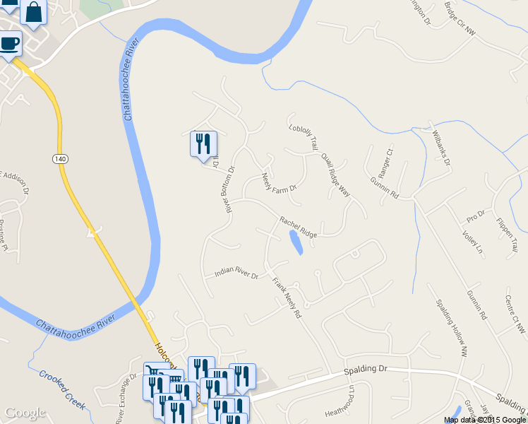 map of restaurants, bars, coffee shops, grocery stores, and more near 6140 Rachel Ridge in Norcross