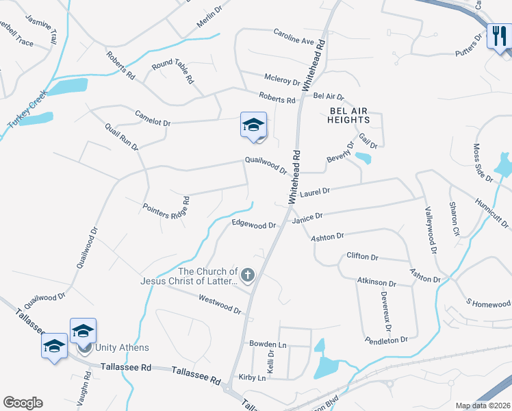 map of restaurants, bars, coffee shops, grocery stores, and more near 165 Hunters Pointe Drive in Athens