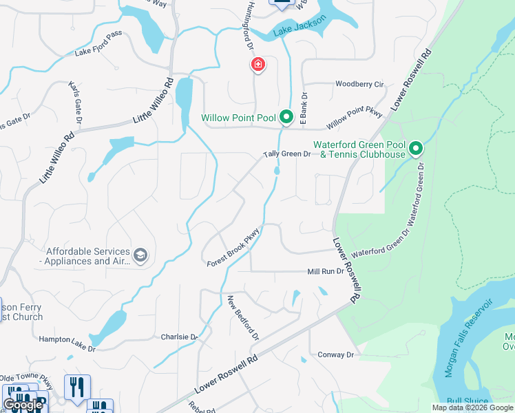 map of restaurants, bars, coffee shops, grocery stores, and more near 5153 Forest Brook Parkway in Marietta