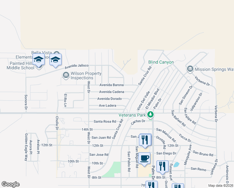 map of restaurants, bars, coffee shops, grocery stores, and more near 66214 Avenida Dorado in Desert Hot Springs