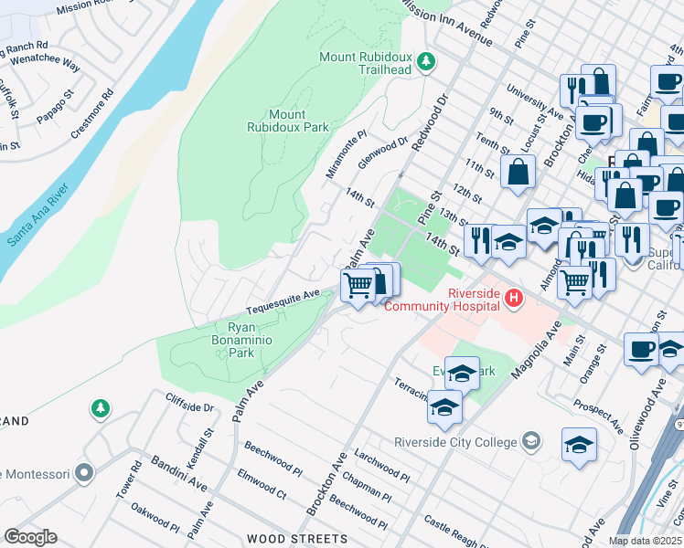 map of restaurants, bars, coffee shops, grocery stores, and more near 4597 Palm Avenue in Riverside