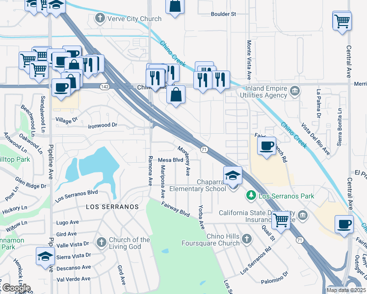 map of restaurants, bars, coffee shops, grocery stores, and more near 15174 Monterey Avenue in Chino Hills