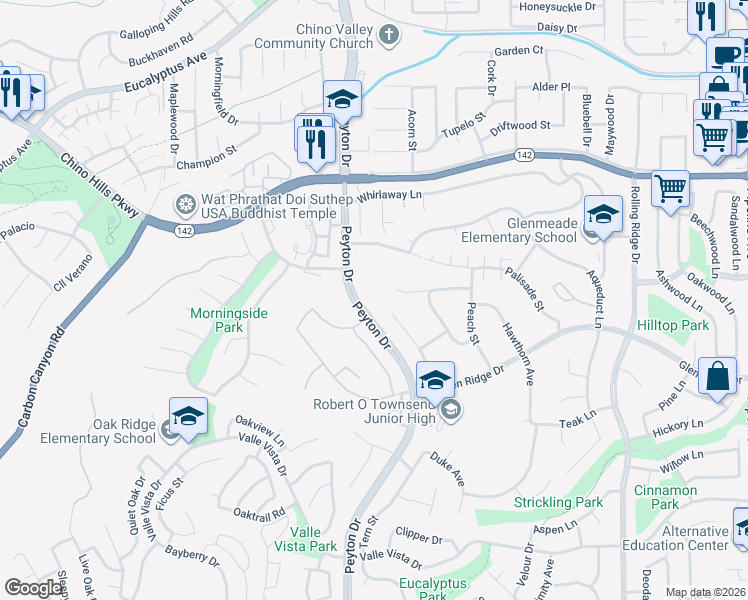 map of restaurants, bars, coffee shops, grocery stores, and more near 3298 Carriage House Drive in Chino Hills