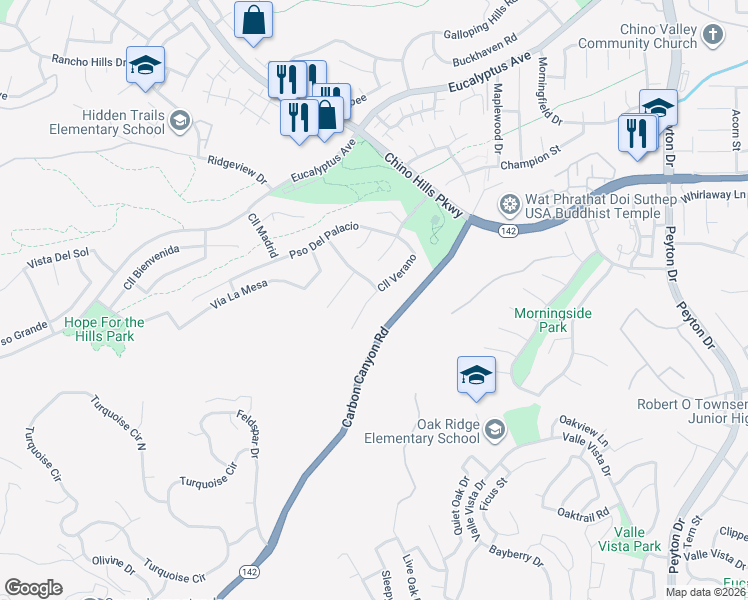 map of restaurants, bars, coffee shops, grocery stores, and more near 15133 Calle Verano in Chino Hills