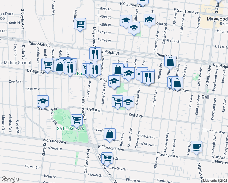 map of restaurants, bars, coffee shops, grocery stores, and more near 6411 Orchard Avenue in Bell