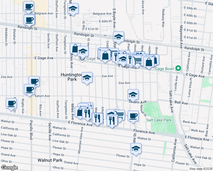 map of restaurants, bars, coffee shops, grocery stores, and more near 6716 Cedar Street in Huntington Park