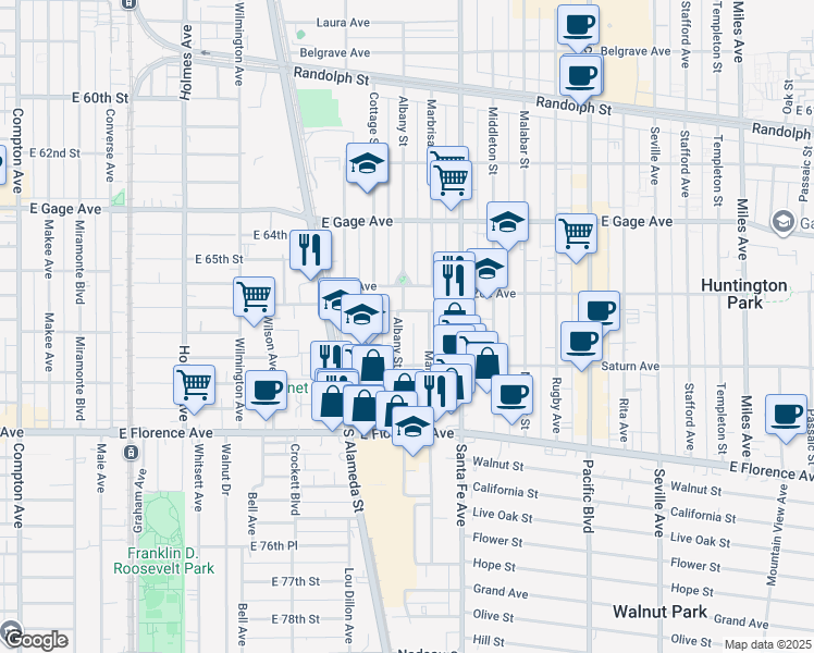 map of restaurants, bars, coffee shops, grocery stores, and more near 6723 Albany Street in Huntington Park