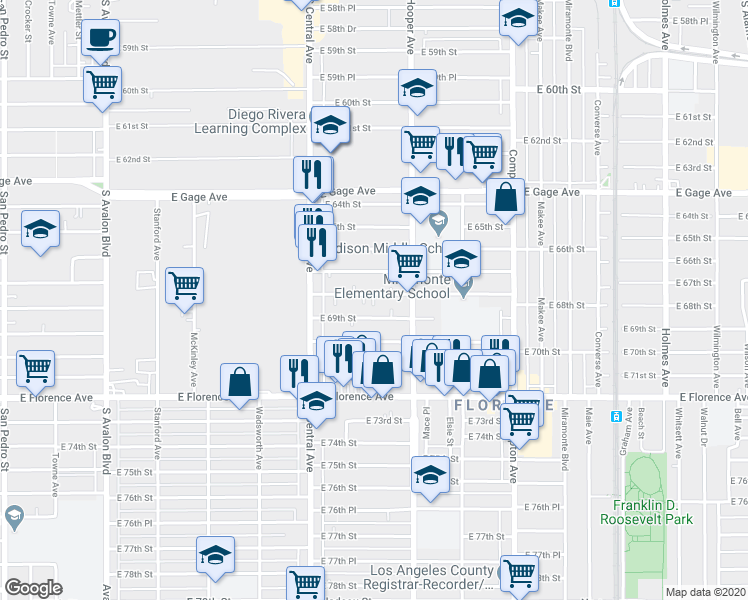 map of restaurants, bars, coffee shops, grocery stores, and more near 1203 3/4 East 69th Street in Los Angeles