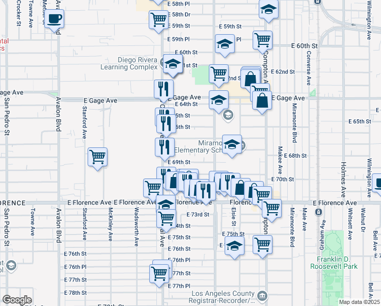 map of restaurants, bars, coffee shops, grocery stores, and more near 1203 3/4 East 69th Street in Los Angeles