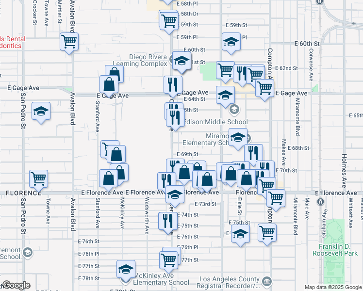 map of restaurants, bars, coffee shops, grocery stores, and more near 6900 South Central Avenue in Los Angeles
