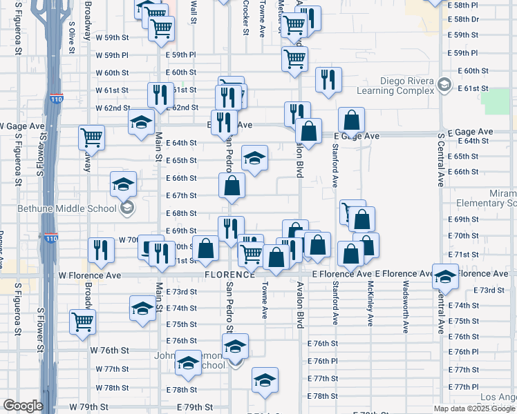 map of restaurants, bars, coffee shops, grocery stores, and more near 401 East 68th Street in Los Angeles