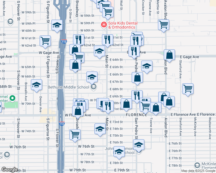 map of restaurants, bars, coffee shops, grocery stores, and more near 6722 South Main Street in Los Angeles