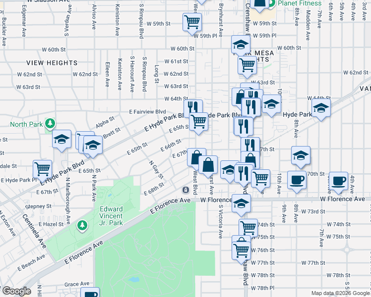 map of restaurants, bars, coffee shops, grocery stores, and more near 1123 East 67th Street in Inglewood
