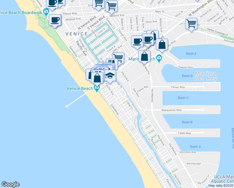map of restaurants, bars, coffee shops, grocery stores, and more near 3400 Pacific Avenue in Marina del Rey