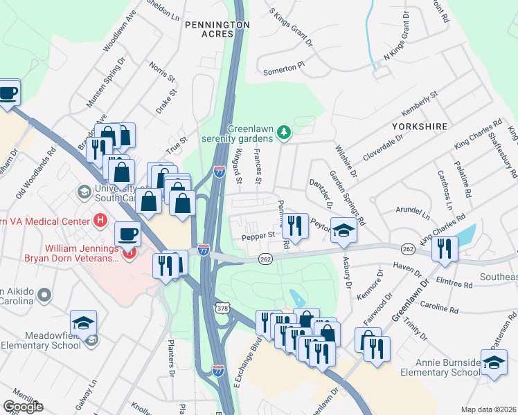 map of restaurants, bars, coffee shops, grocery stores, and more near 33 Braiden Manor Road in Columbia
