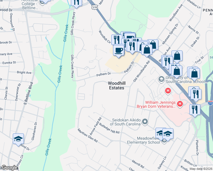 map of restaurants, bars, coffee shops, grocery stores, and more near 5908 Indian Mound Road in Columbia
