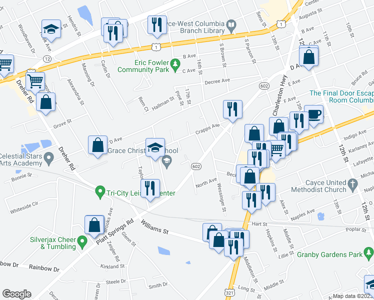 map of restaurants, bars, coffee shops, grocery stores, and more near 202 Idlewood Drive in West Columbia