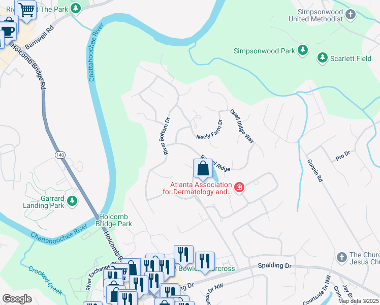 map of restaurants, bars, coffee shops, grocery stores, and more near 6140 Rachel Ridge in Norcross