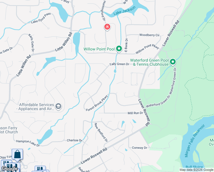 map of restaurants, bars, coffee shops, grocery stores, and more near 5153 Forest Brook Parkway in Marietta