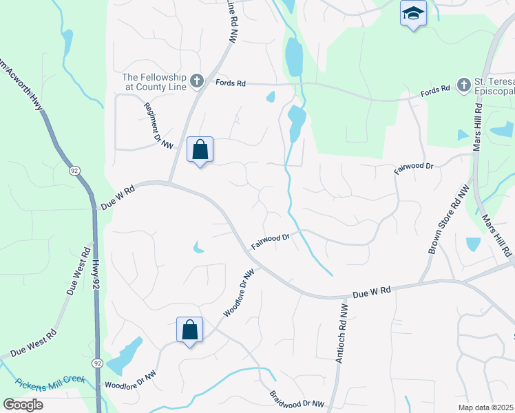 map of restaurants, bars, coffee shops, grocery stores, and more near 6011 Fairlong Court Northwest in Acworth