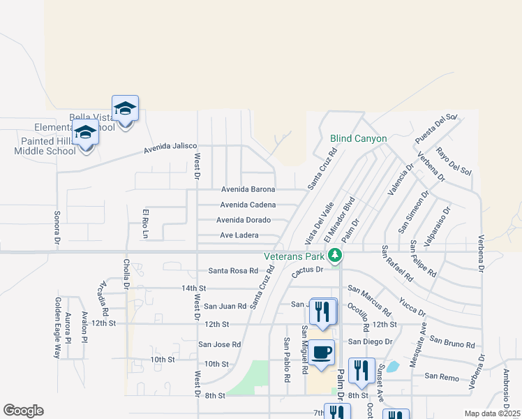 map of restaurants, bars, coffee shops, grocery stores, and more near 66214 Avenida Dorado in Desert Hot Springs