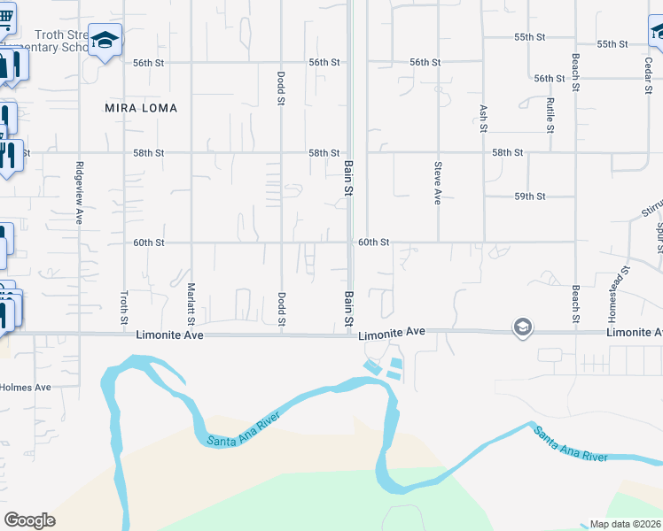 map of restaurants, bars, coffee shops, grocery stores, and more near 6049 Bain Street in Jurupa Valley