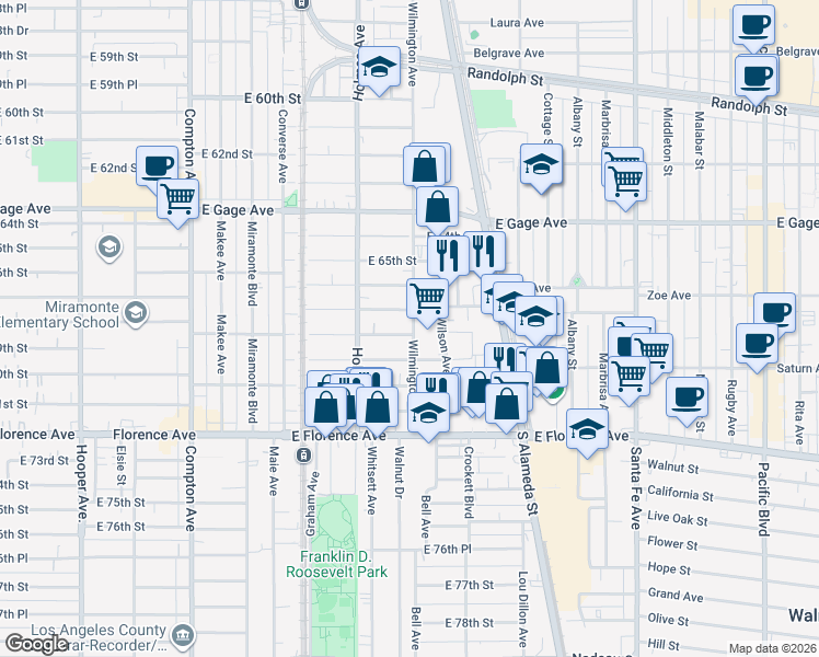 map of restaurants, bars, coffee shops, grocery stores, and more near 1863 East 68th Street in Los Angeles
