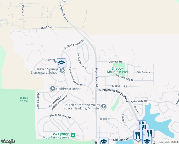 map of restaurants, bars, coffee shops, grocery stores, and more near 9888 Pebble Brook Drive in Moreno Valley