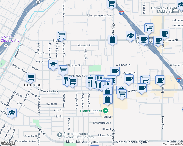 map of restaurants, bars, coffee shops, grocery stores, and more near 1869-1881 Loma Vista Street in Riverside