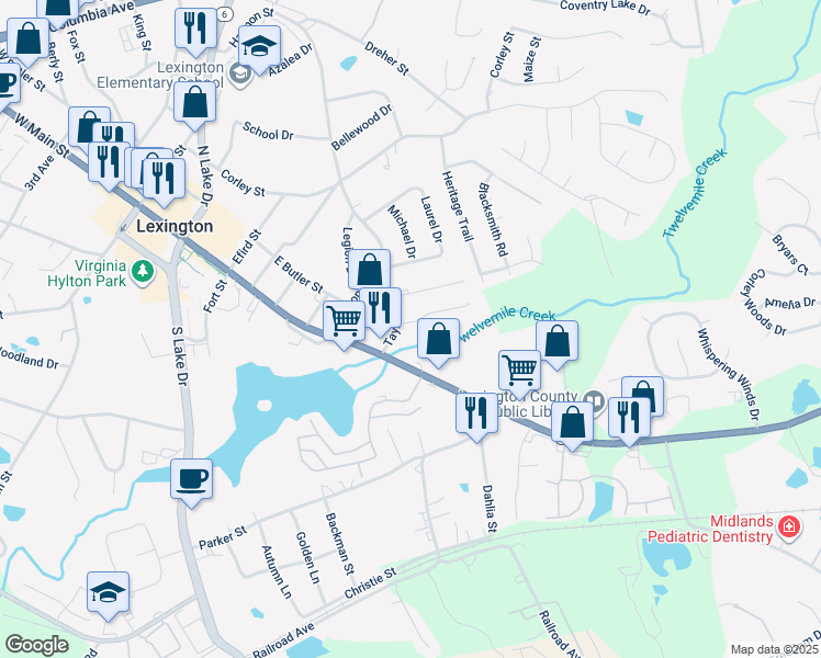 map of restaurants, bars, coffee shops, grocery stores, and more near 114 Tybo Drive in Lexington