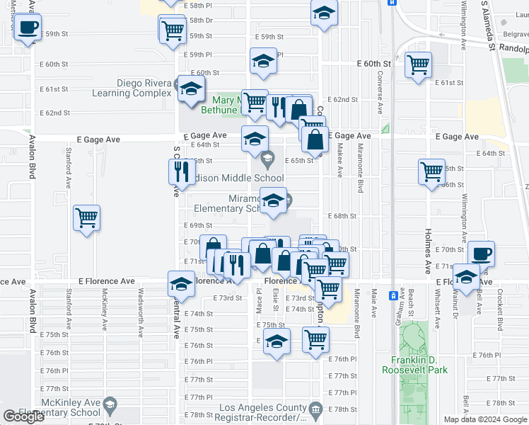 map of restaurants, bars, coffee shops, grocery stores, and more near 1326 East 68th Street in Los Angeles